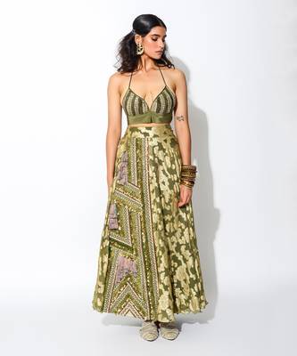 Green Foiling Georgette Print Neck Bralette And Skirt Set 1
