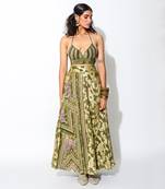 Green Foiling Georgette Print Neck Bralette And Skirt Set