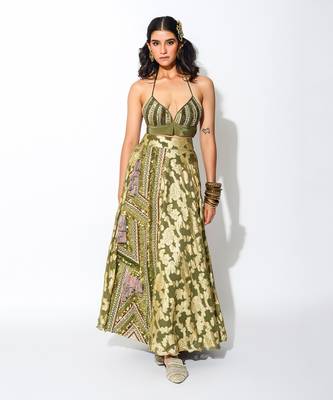 Green Foiling Georgette Print Neck Bralette And Skirt Set 2