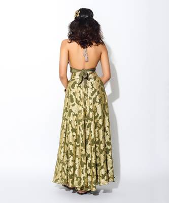 Green Foiling Georgette Print Neck Bralette And Skirt Set 3