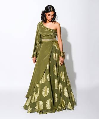 olive asymmetrical Skirt set 1