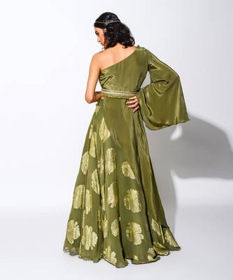 olive asymmetrical Skirt set 2