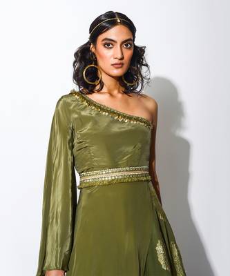 olive asymmetrical Skirt set 3