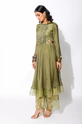 olive short Anarkali Set