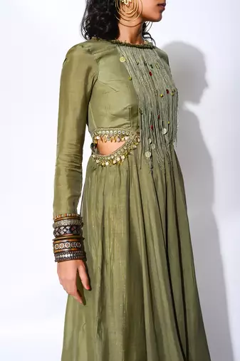 olive short Anarkali Set
