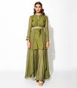 Green Raw Silk Embroidery Thread Band Asymmetric Kurta And Palazzo Set 