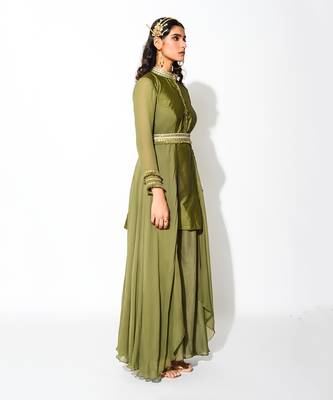 Green Raw Silk Embroidery Thread Band Asymmetric Kurta And Palazzo Set  2