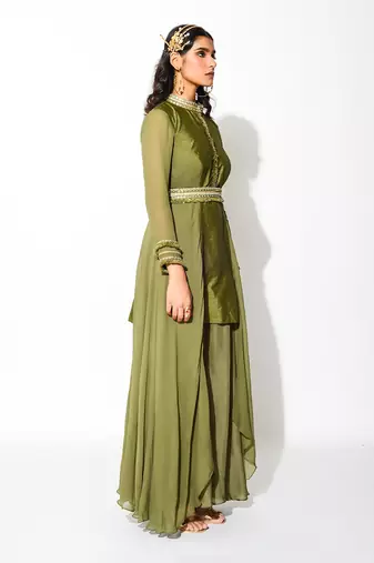 Green Raw Silk Embroidery Thread Band Asymmetric Kurta And Palazzo Set 