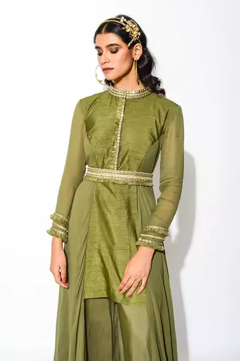 Green Raw Silk Embroidery Thread Band Asymmetric Kurta And Palazzo Set 