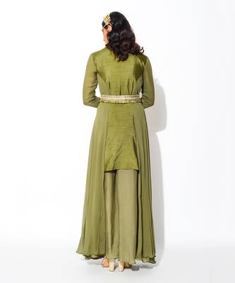 Green Raw Silk Embroidery Thread Band Asymmetric Kurta And Palazzo Set  4