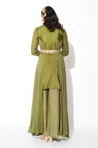 Green Raw Silk Embroidery Thread Band Asymmetric Kurta And Palazzo Set 