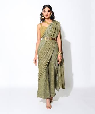 Olive Green Pre -Draped Saree set 1