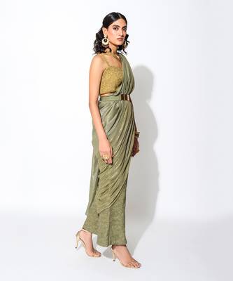 Olive Green Pre -Draped Saree set 2