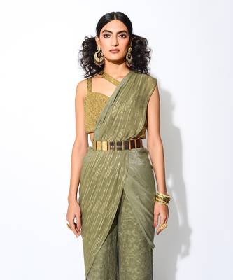Olive Green Pre -Draped Saree set 3