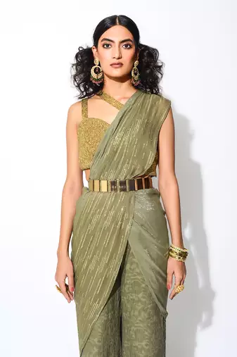 Olive Green Pre -Draped Saree set