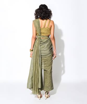 Olive Green Pre -Draped Saree set 4
