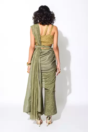 Olive Green Pre -Draped Saree set