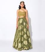 Olive Green & Golden Georgette Floral Skirt Set
