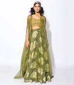 Olive Green & Golden Georgette Floral Skirt Set