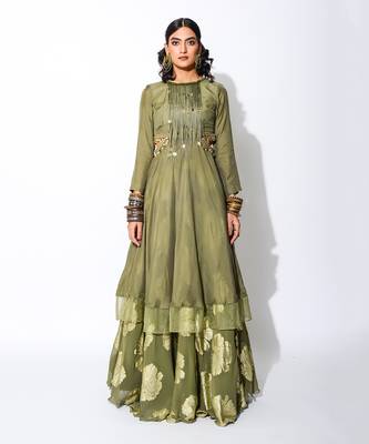 Green Foiling Georgette Print Side Cutout Anarkali And Lehenga Set 1
