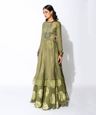 Green Foiling Georgette Print Side Cutout Anarkali And Lehenga Set 2