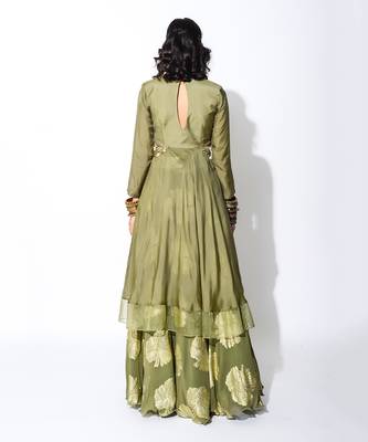 Green Foiling Georgette Print Side Cutout Anarkali And Lehenga Set 3