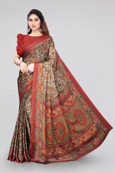 Maroon printed chiffon saree with blouse