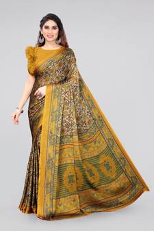 Mustard printed chiffon saree with blouse