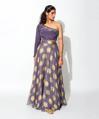 Purple Foiling Georgette  Taxo Blouse & Lehenga Set 1