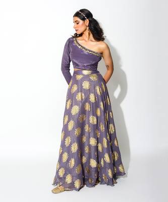Purple Foiling Georgette  Taxo Blouse & Lehenga Set 2