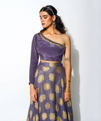 Purple Foiling Georgette  Taxo Blouse & Lehenga Set 3
