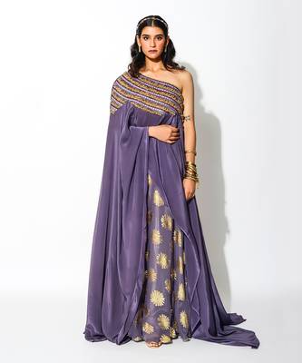 Purple Georgette Print Foil Cape & Lehenga Set 1