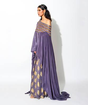 Purple Georgette Print Foil Cape & Lehenga Set 2