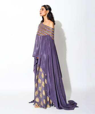 Purple Georgette Print Foil Cape & Lehenga Set 3