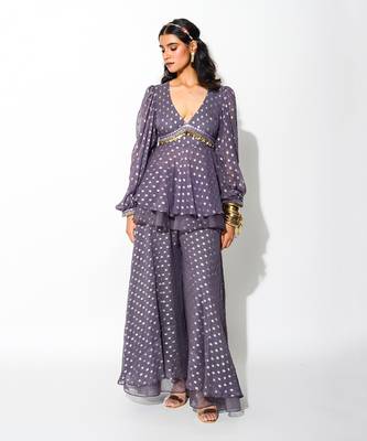 Purple Georgette And Organza; Polka Dot Peplum Top & Flared Pant Set 1