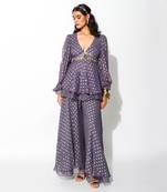 Purple Georgette And Organza; Polka Dot Peplum Top & Flared Pant Set