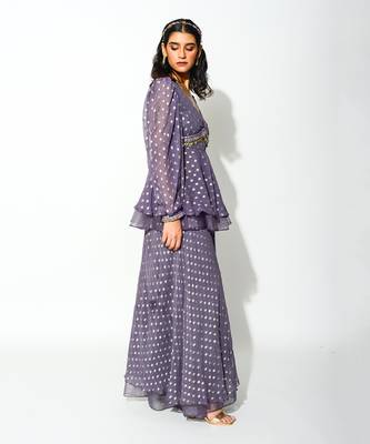 Purple Georgette And Organza; Polka Dot Peplum Top & Flared Pant Set 2