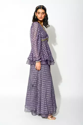 Purple Georgette And Organza; Polka Dot Peplum Top & Flared Pant Set