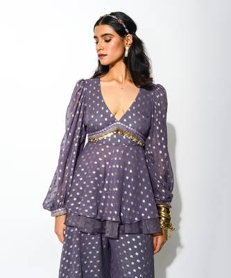 Purple Georgette And Organza; Polka Dot Peplum Top & Flared Pant Set 3