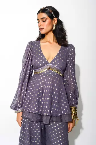 Purple Georgette And Organza; Polka Dot Peplum Top & Flared Pant Set