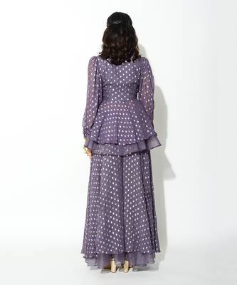 Purple Georgette And Organza; Polka Dot Peplum Top & Flared Pant Set 4