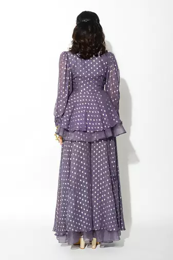 Purple Georgette And Organza; Polka Dot Peplum Top & Flared Pant Set