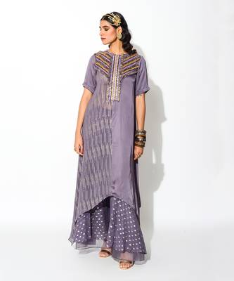 Purple Georgette Asymmetric Kurta And Flared Pant Set 1