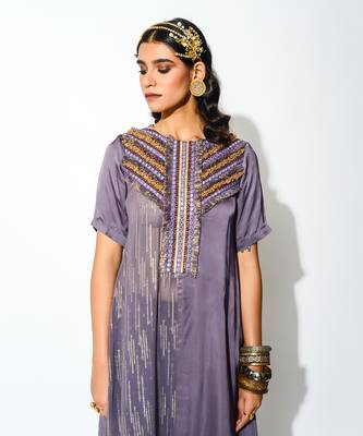 Purple Georgette Asymmetric Kurta And Flared Pant Set 2