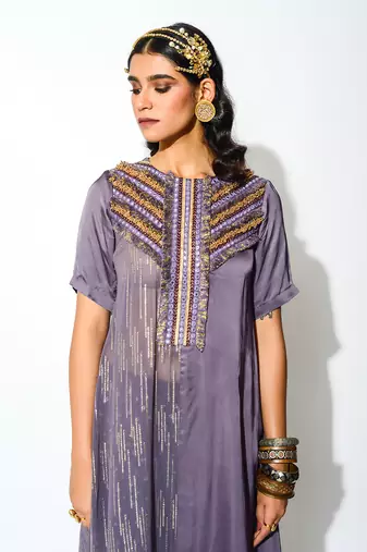 Purple Georgette Asymmetric Kurta And Flared Pant Set