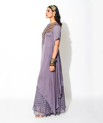 Purple Georgette Asymmetric Kurta And Flared Pant Set 3