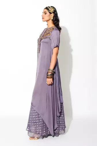 Purple Georgette Asymmetric Kurta And Flared Pant Set