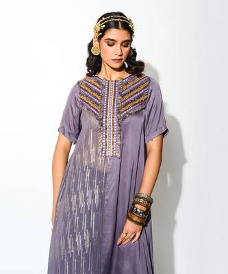 Purple Georgette Asymmetric Kurta And Flared Pant Set 4