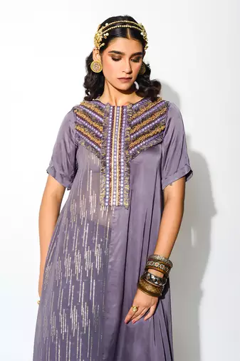 Purple Georgette Asymmetric Kurta And Flared Pant Set