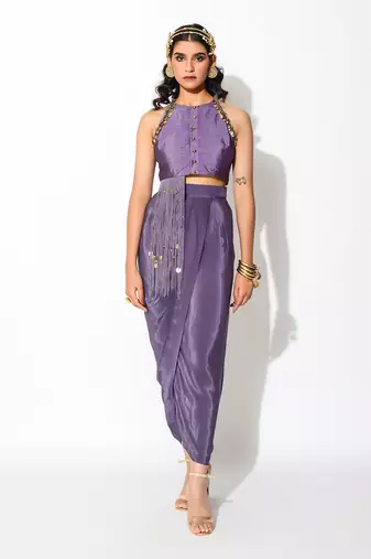 Mauve Crepe Embroidered Skirt Set